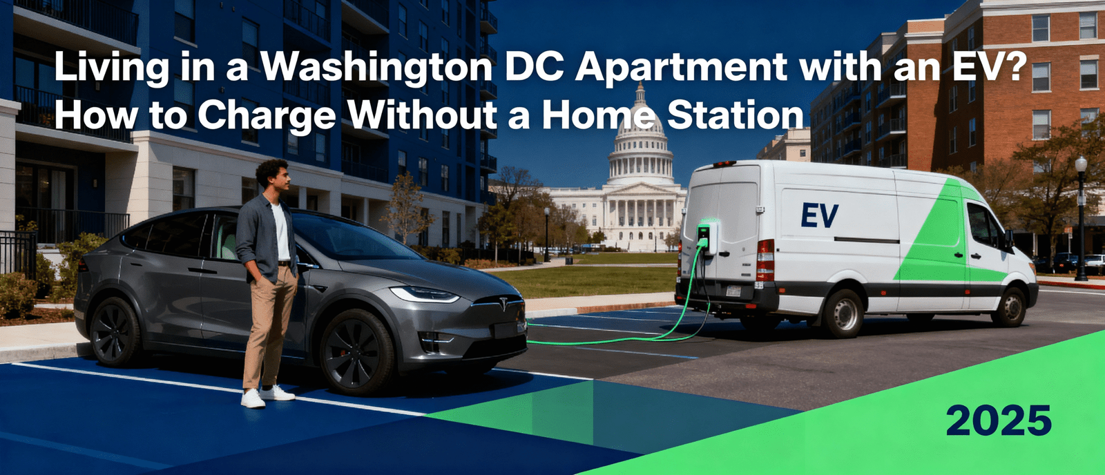 Live in a Washington DC apartment with an EV? Call 888-675-9555 for scheduled mobile charging at your apartment. No home charger needed, no landlord approval required.